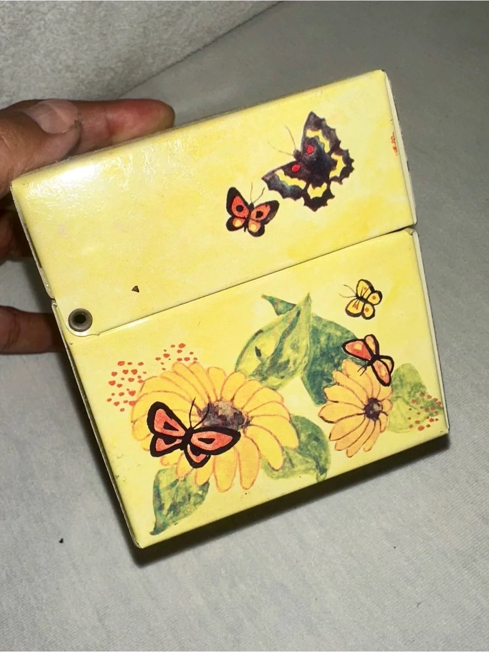 Vintage 70s Sunflower Butterfly Tin Recipe Box Syndicate Mfg Co Metal Yellow